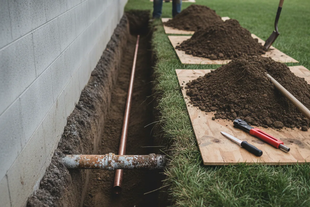 Excavated water line trench during Water Softener Installation in Athens